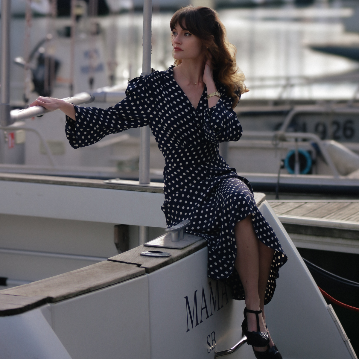 Ava Dress in Navy Polka
