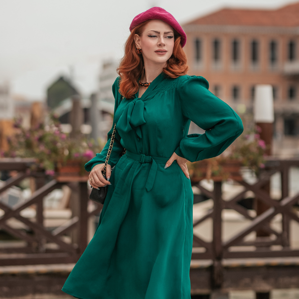 Eva Dress in Hampton Green | Women's 1940s Inspired Pussy Bow Dress