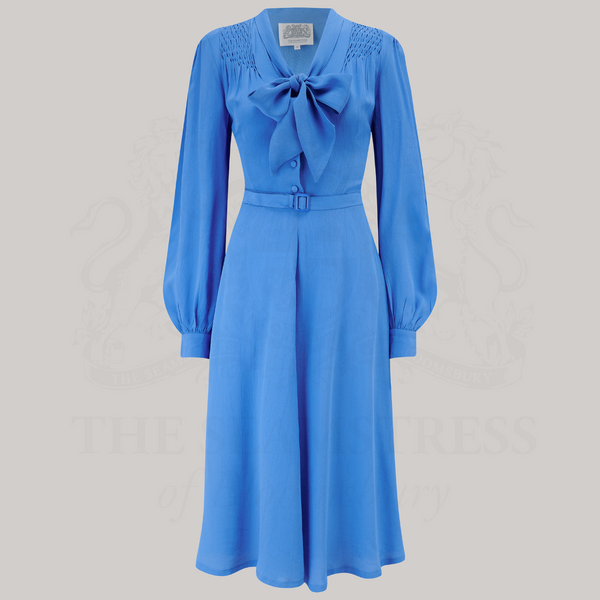 Eva Dress Palace Blue | Women's 1940s Style Pussy Bow Dress