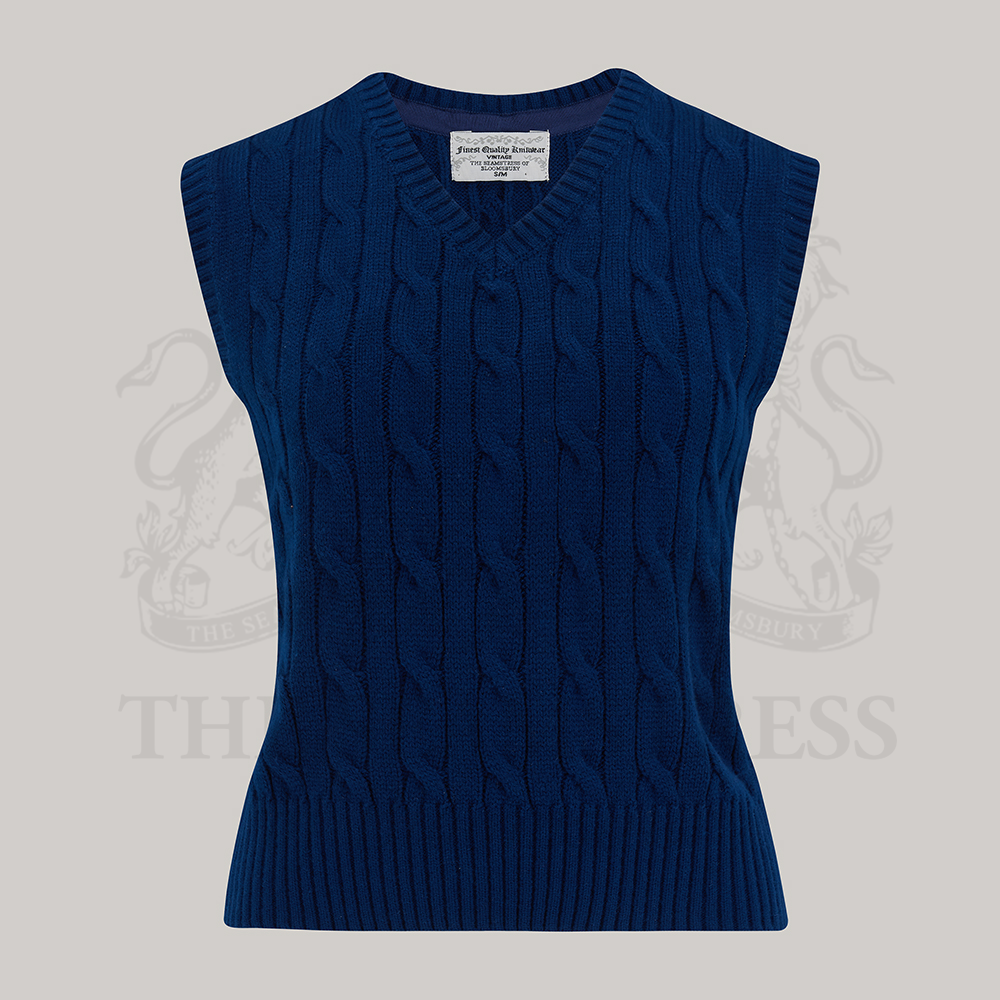 1940s style cable knitted slipover/vest in navy blue with a v-neck neckline.