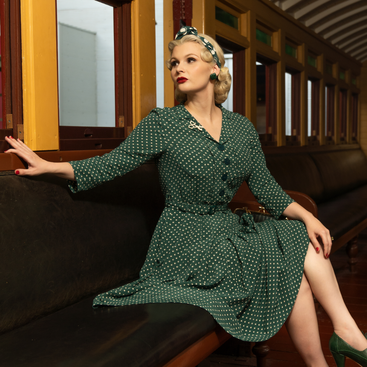 Lucille Shirtwaister Dress in Green Ditzy Dot