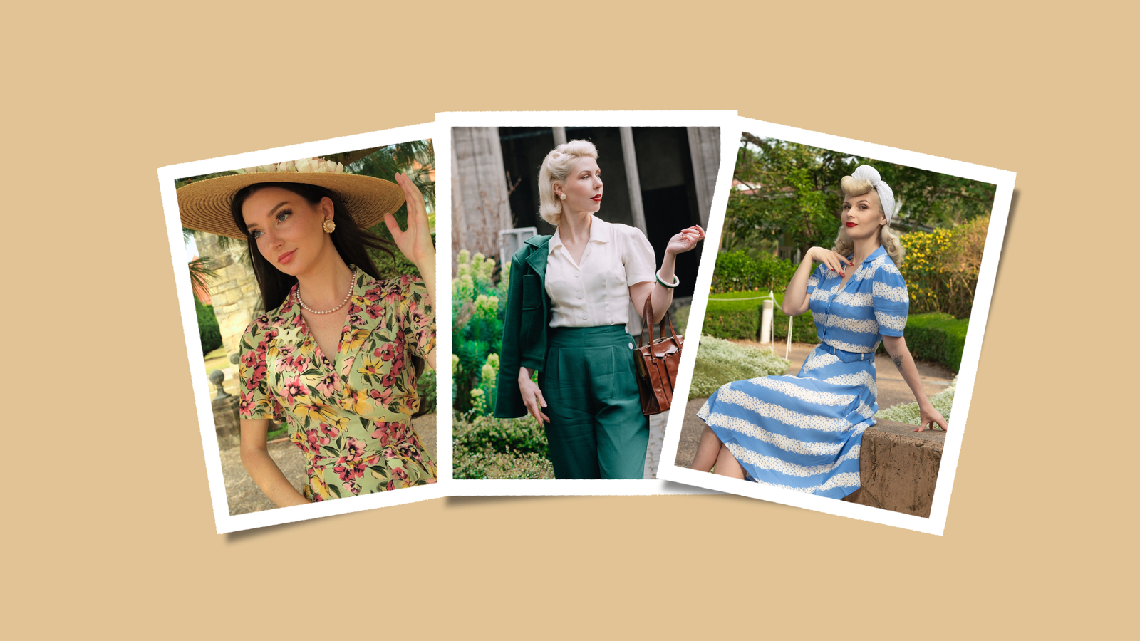 3 photos of models wearing 1940s inspired outfits