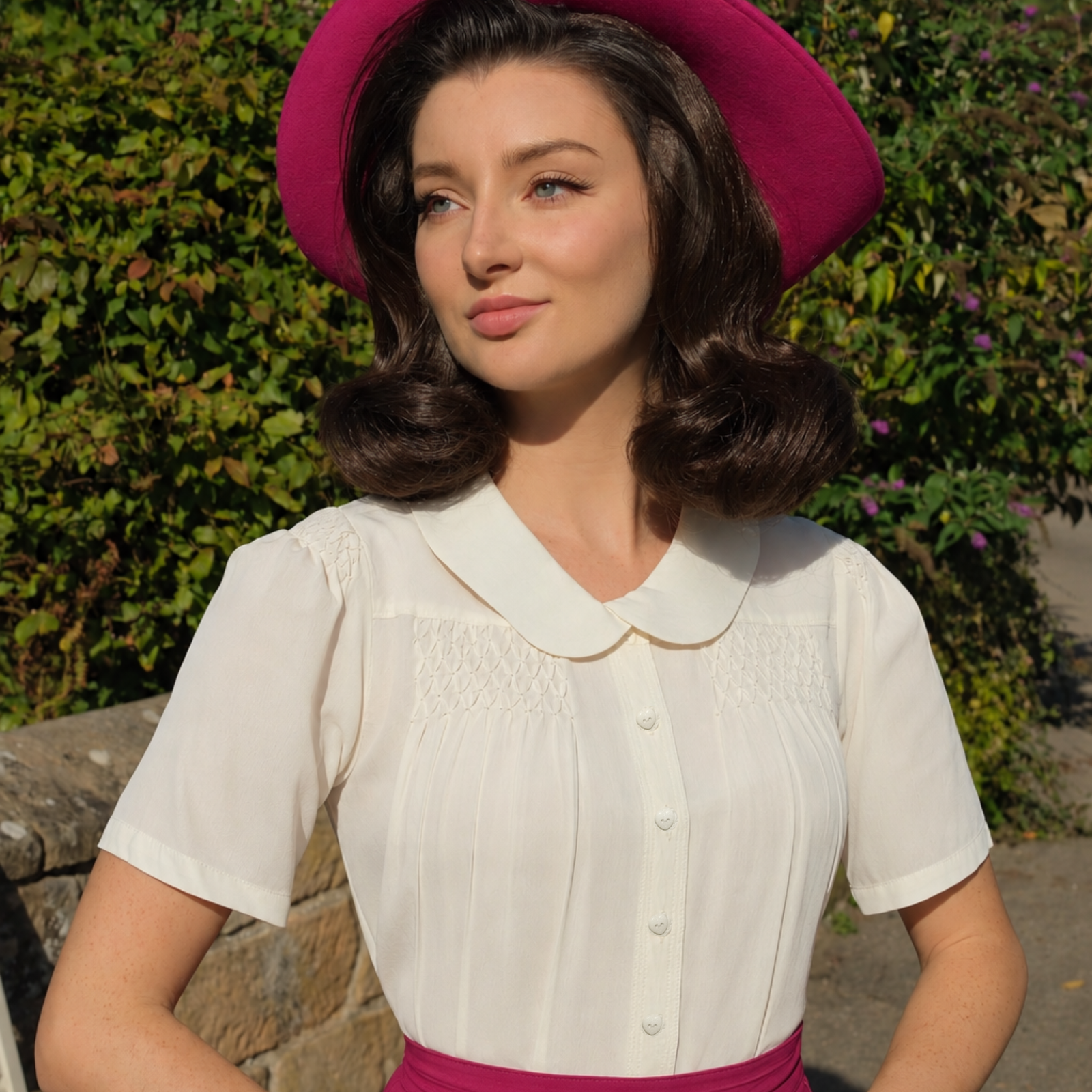 A woman outdoors wearing a cream short-sleeved blouse with a Peter Pan collar and smocked chest detailing, paired with a bright magenta hat and matching belt. The background shows green foliage and a stone wall.
