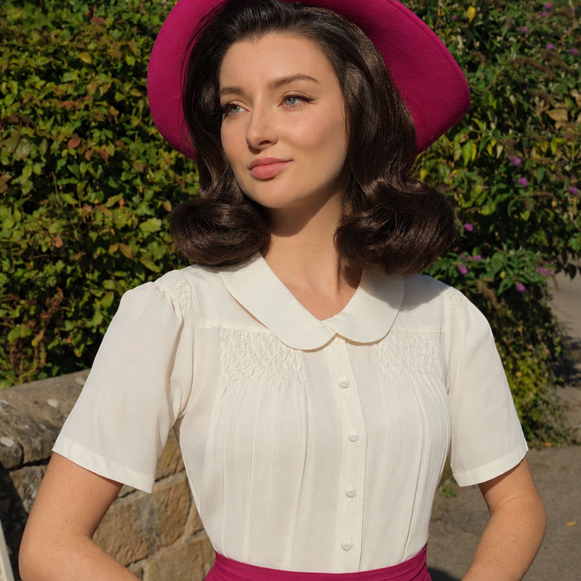 A woman outdoors wearing a cream short-sleeved blouse with a Peter Pan collar and smocked chest detailing, paired with a bright magenta hat and matching belt. The background shows green foliage and a stone wall.