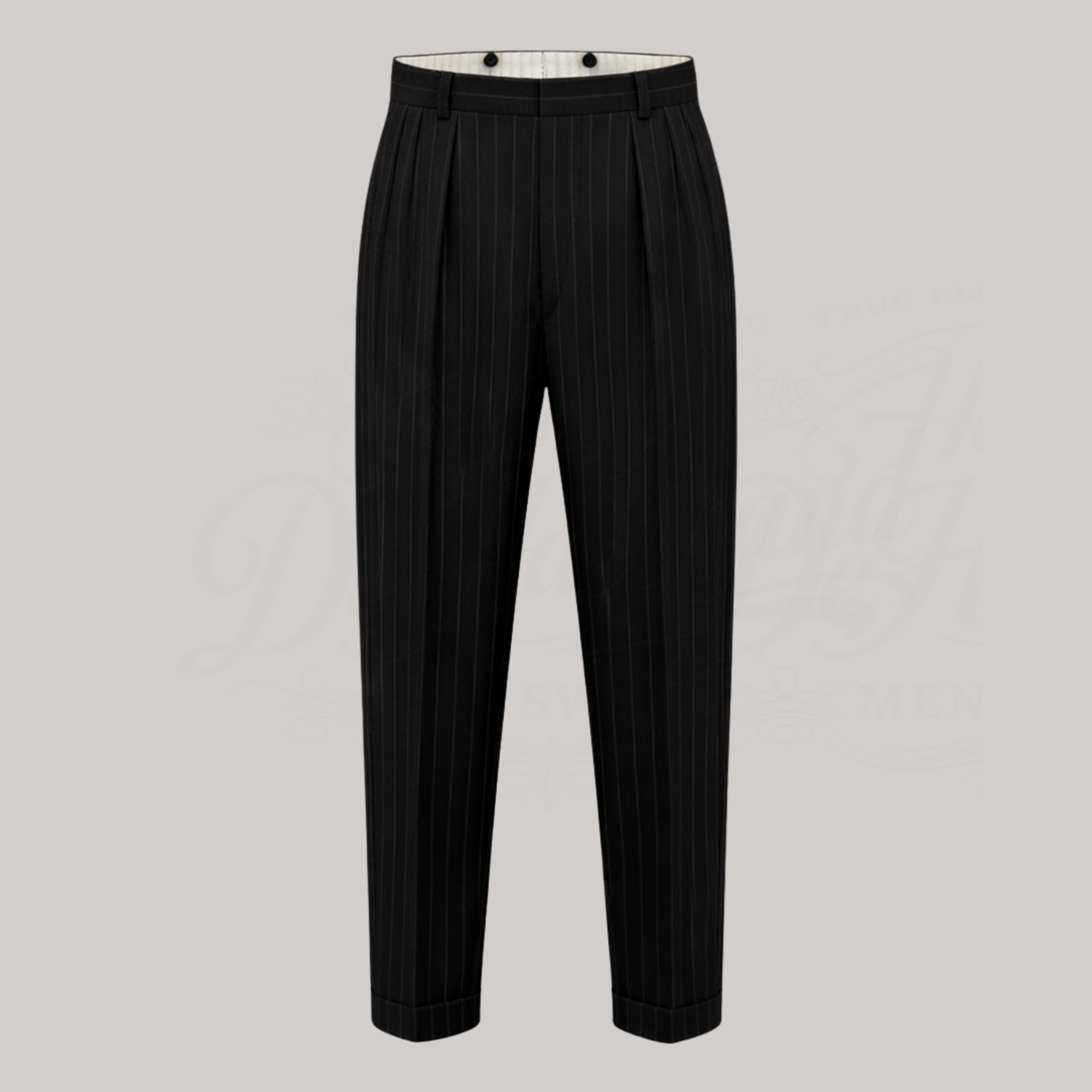 Men's 1950s Trousers in Black Pinstripe