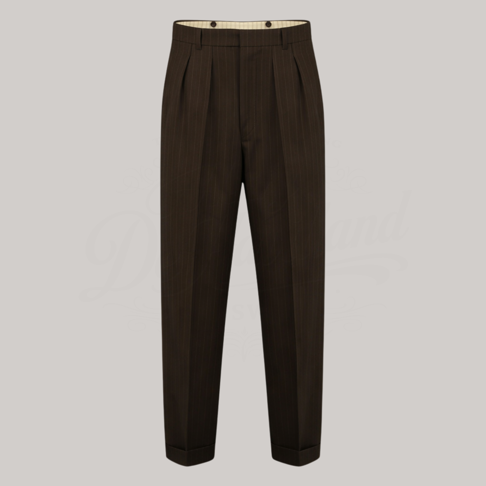 Men's 1950s Trousers in Brown Pinstripe