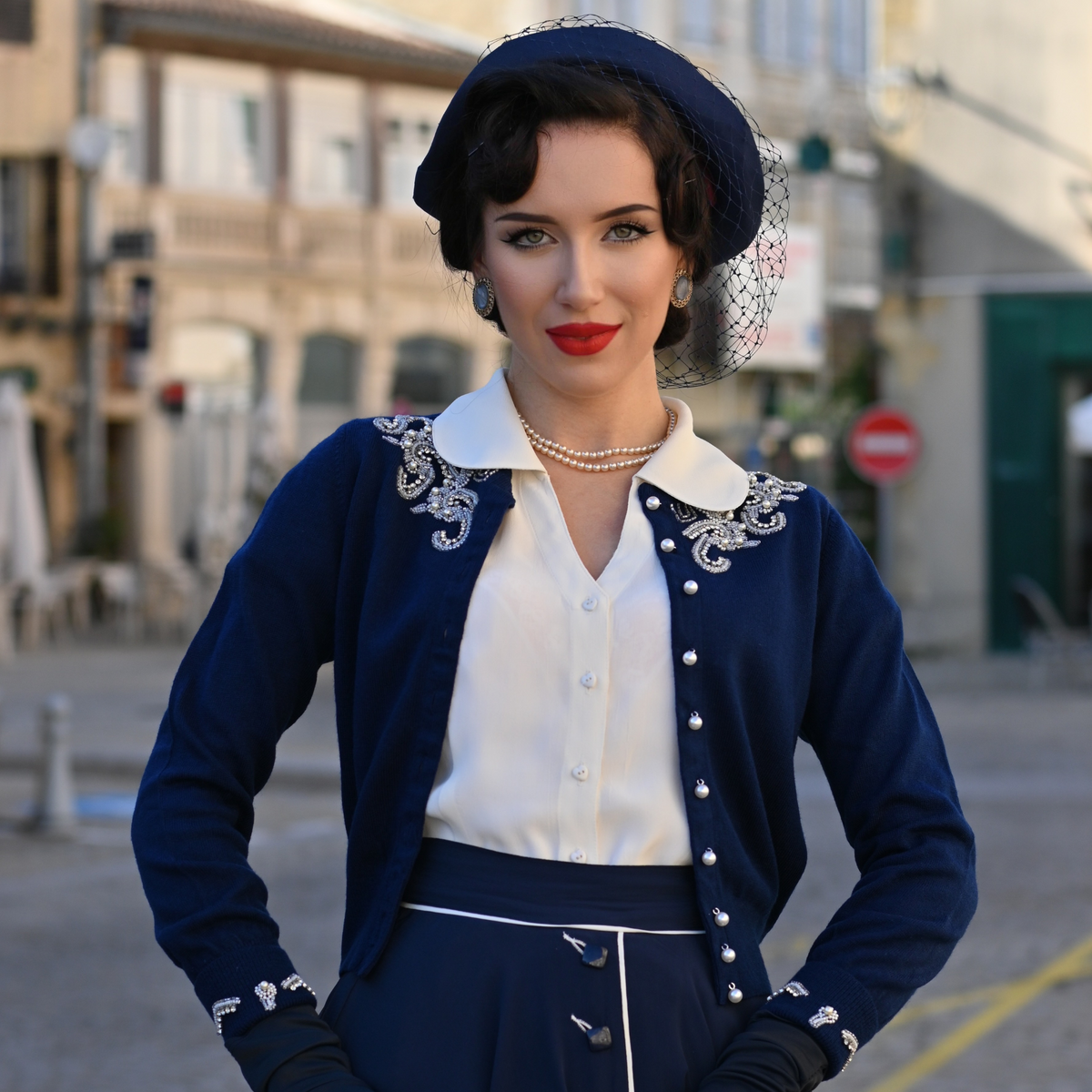 Hand Beaded Cardigan in Navy