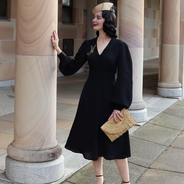 Ava Dress in Liquorice Black | Vintage 1940s Style Long Sleeve