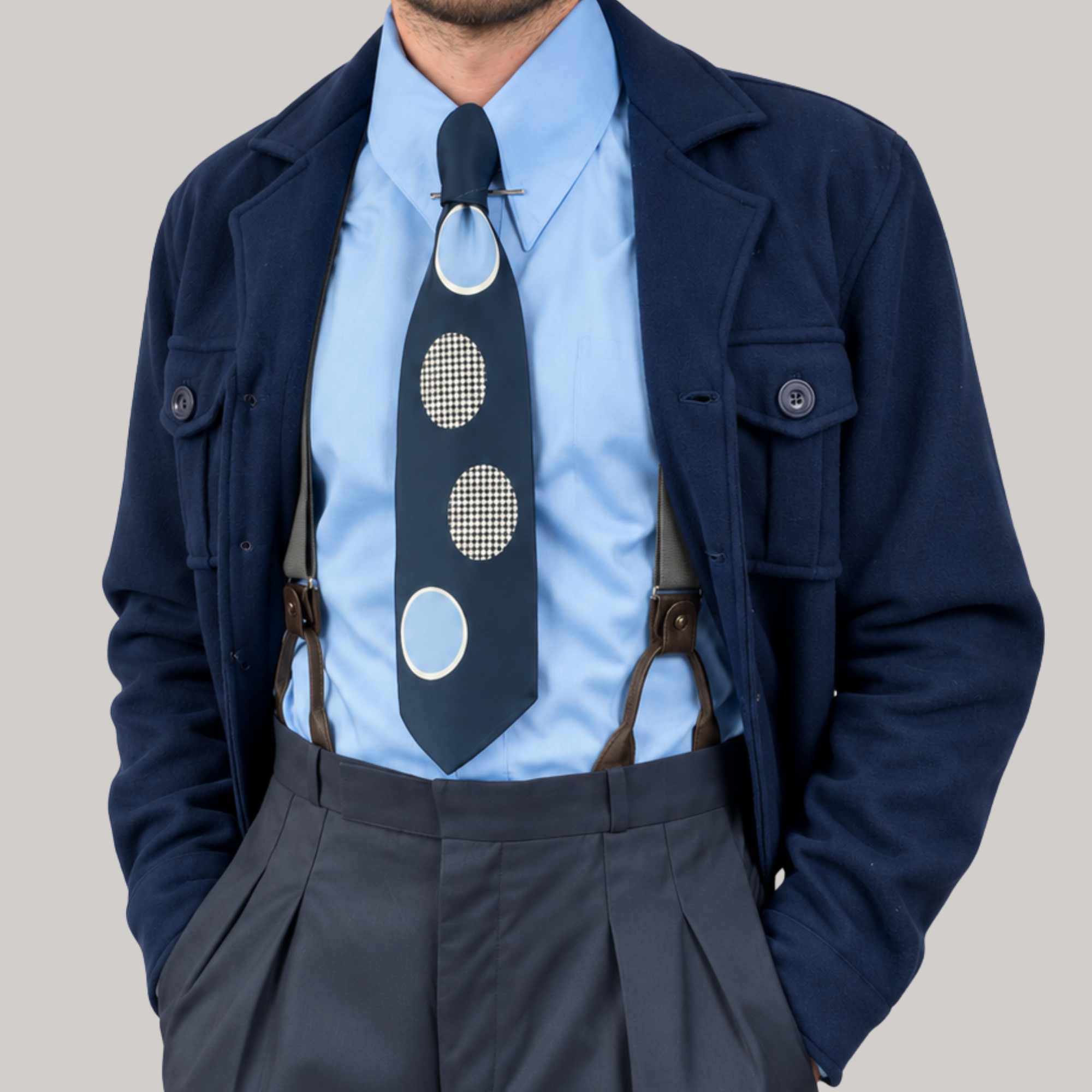 A man wearing a navy blue patterned necktie with circular and checkered dots, styled with a light blue dress shirt, brown suspenders, and a navy blue jacket against a solid light gray background.
