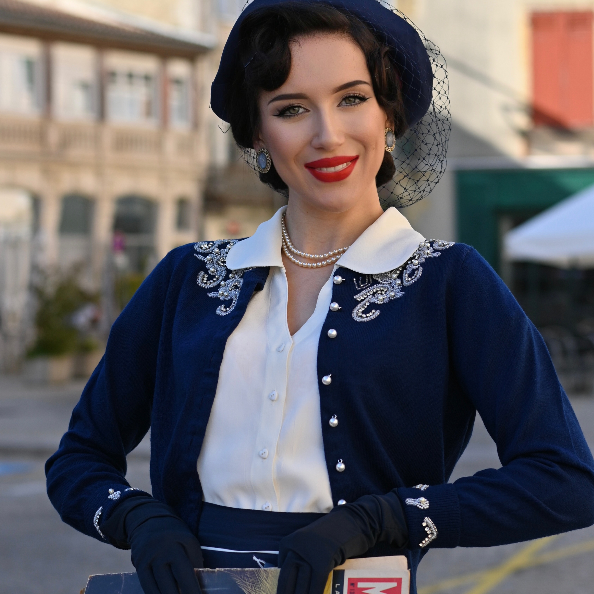 Hand Beaded Cardigan in Navy