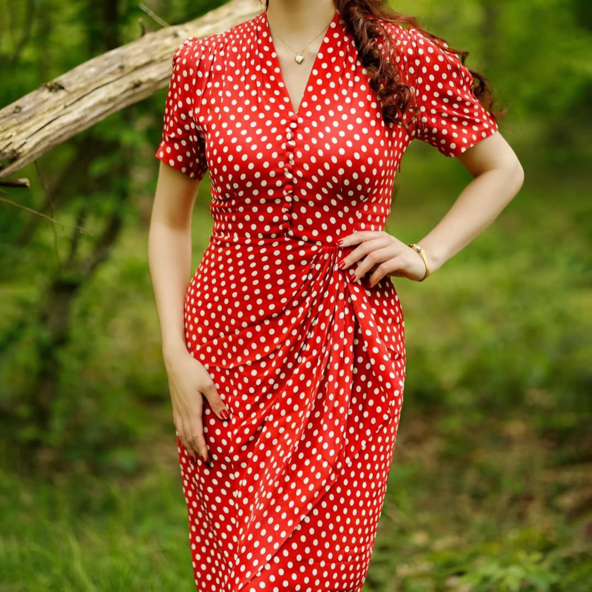 Mabel Waterfall Dress in Red Polka