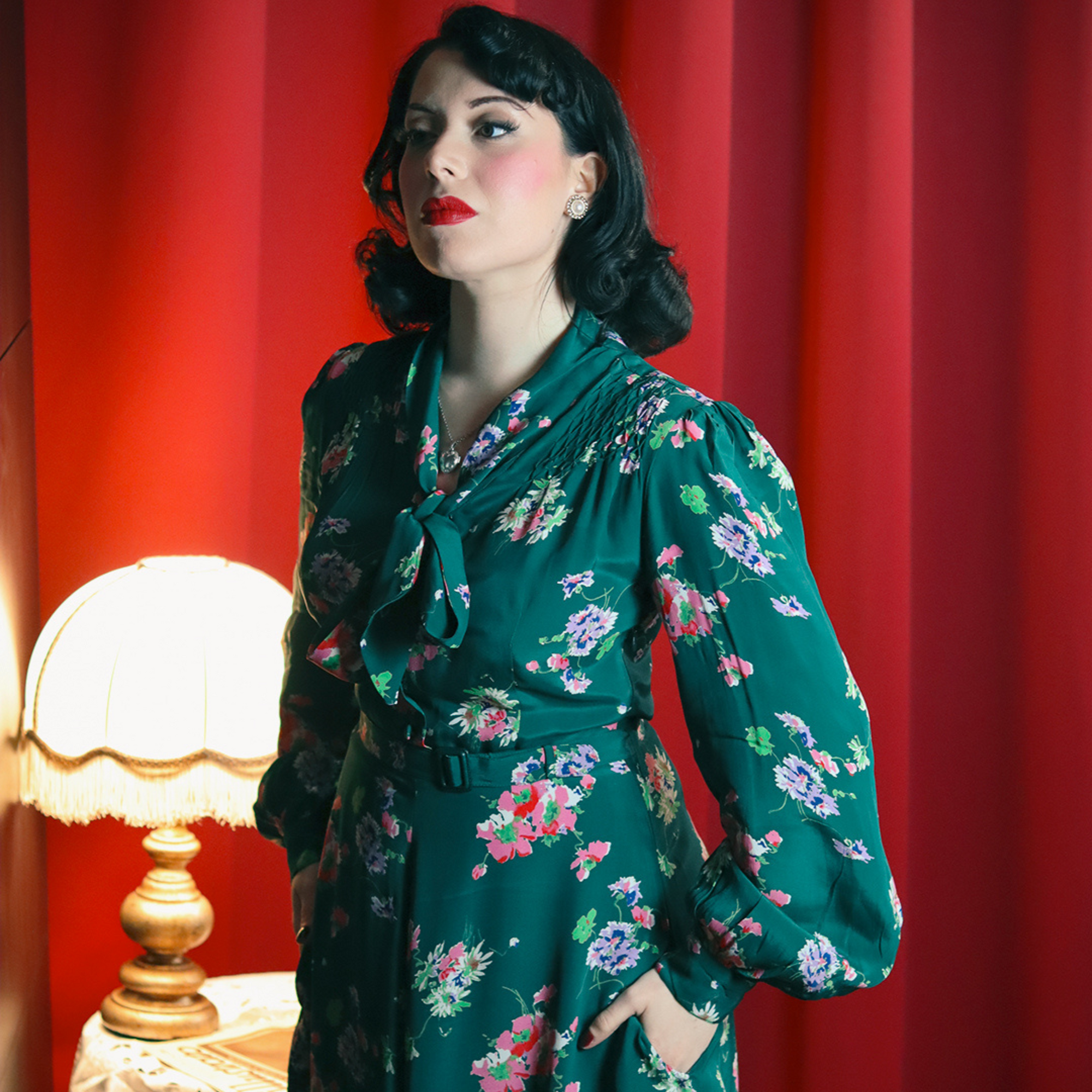 Eva Pussy Bow Dress in Green Mayflower