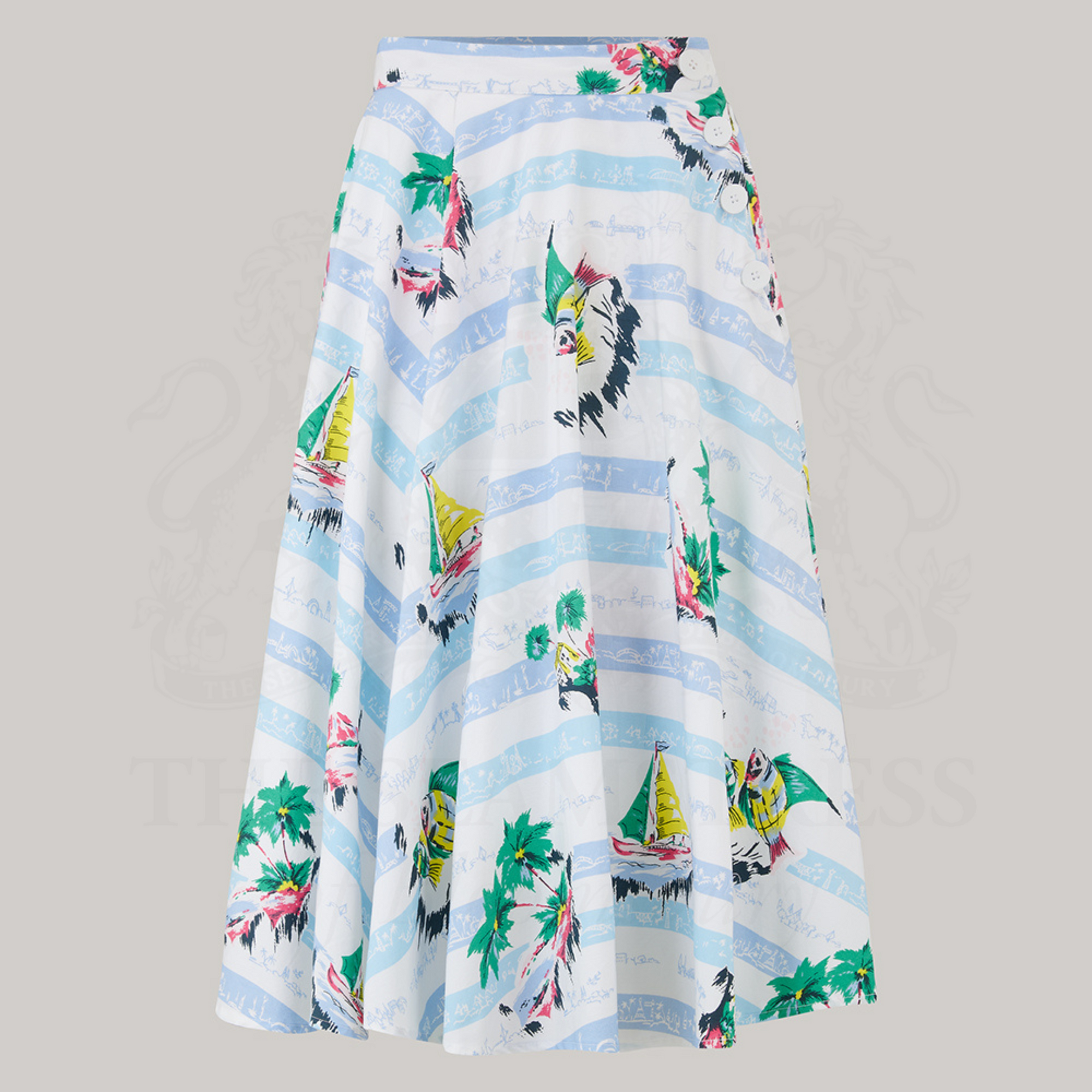 A 1940s style swing dance skirt with a seaside print
