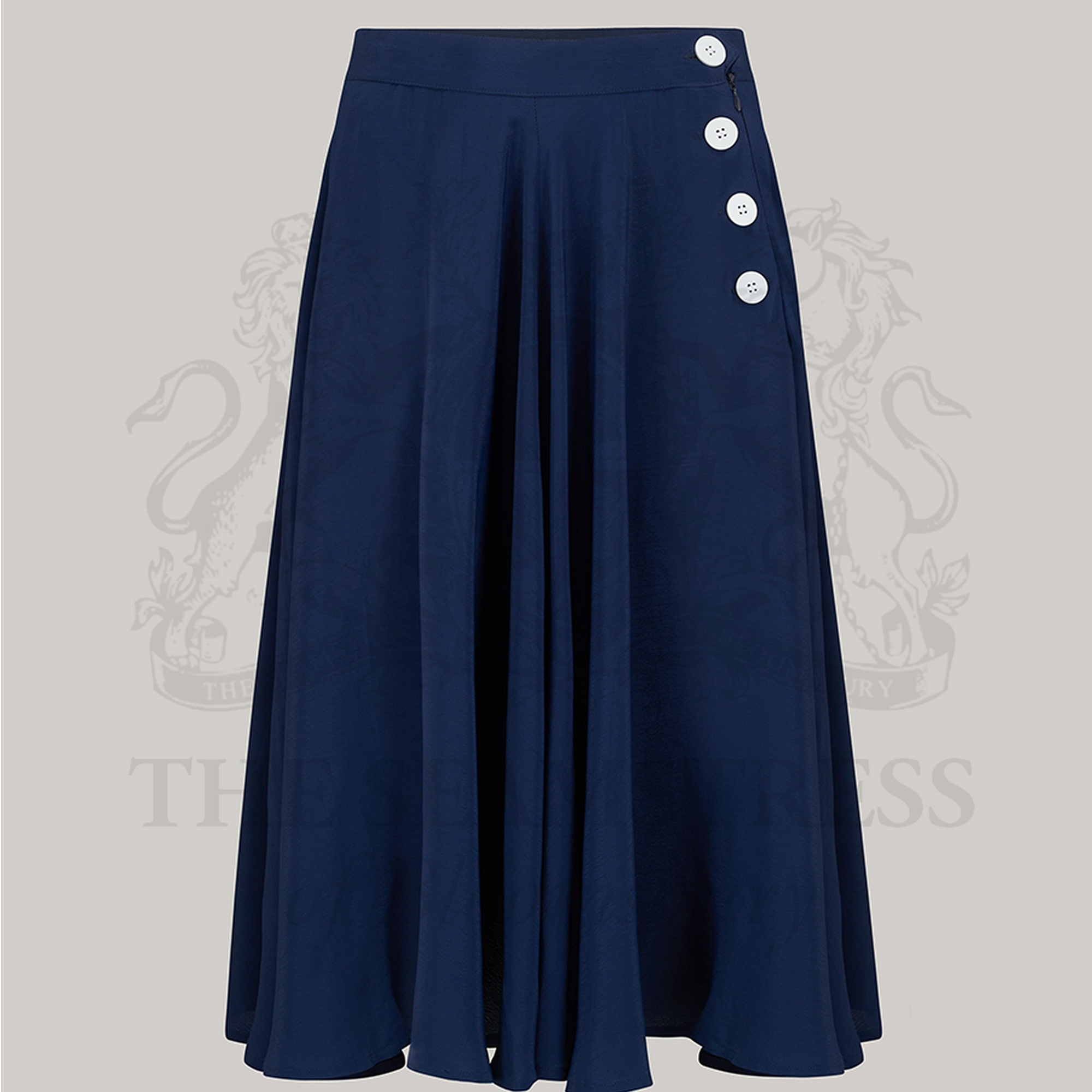 A navy blue swing dance skirt with decorative buttons on the left side. The skirt swings out in a full circle.