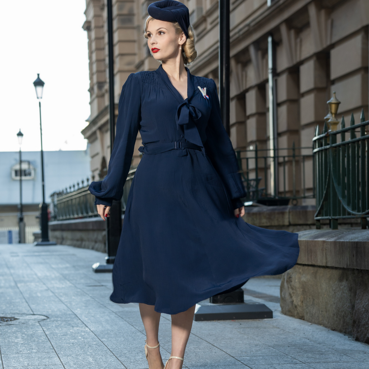 Eva Pussy Bow Dress in French Navy