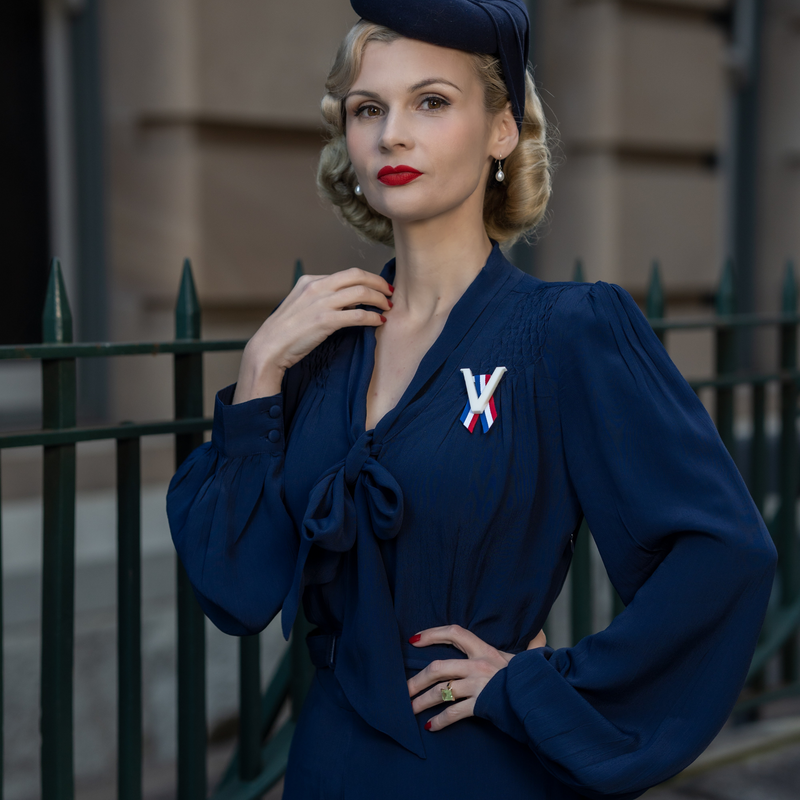 Eva Dress in French Navy | Women's 1940s Style Pussy Bow Dress - The ...