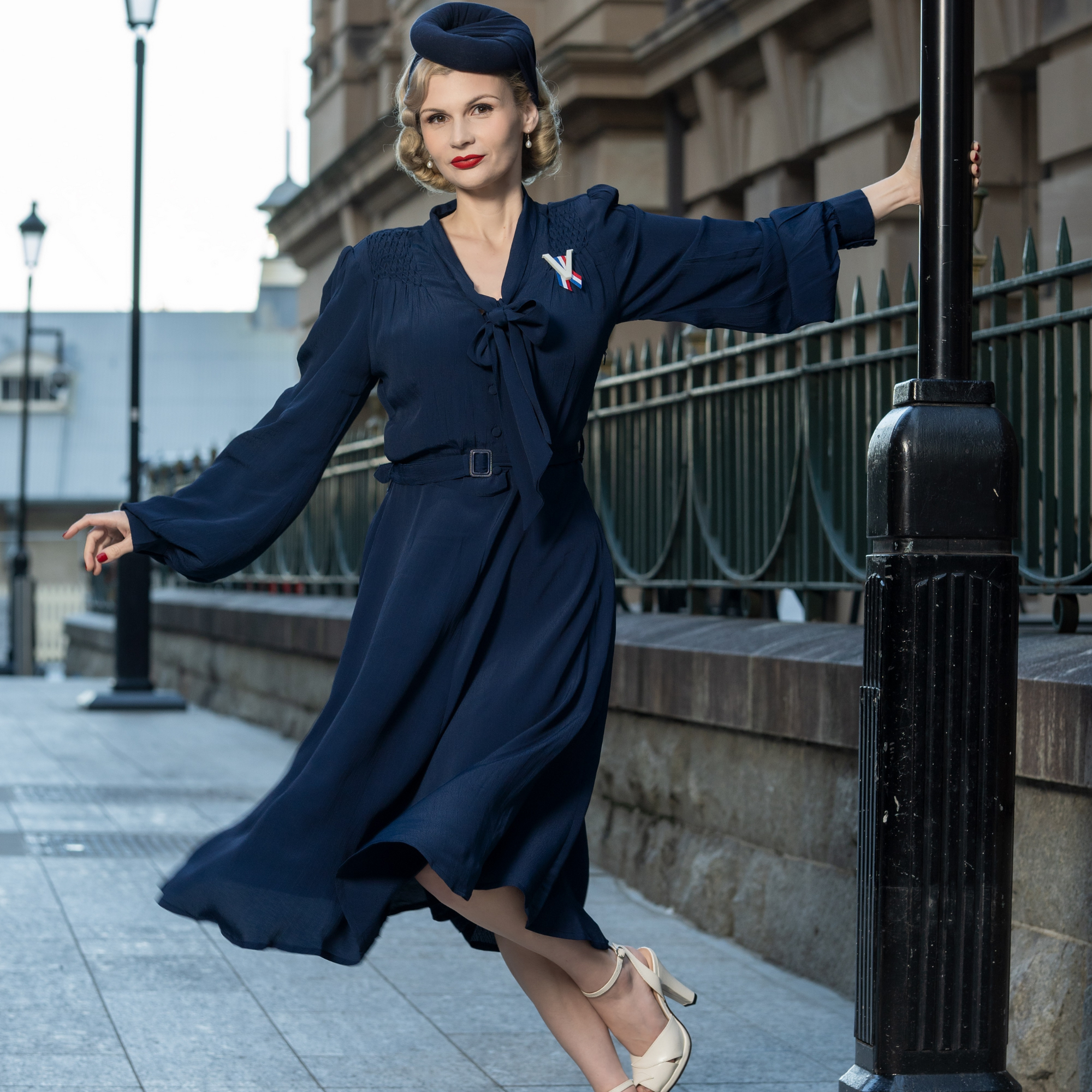 Eva Pussy Bow Dress in French Navy