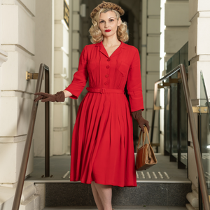 red shirtwaist dress Vintage Pleated Shirtwaist Dress Red Black Abstract Palm Print Long Sleeve LARGE L