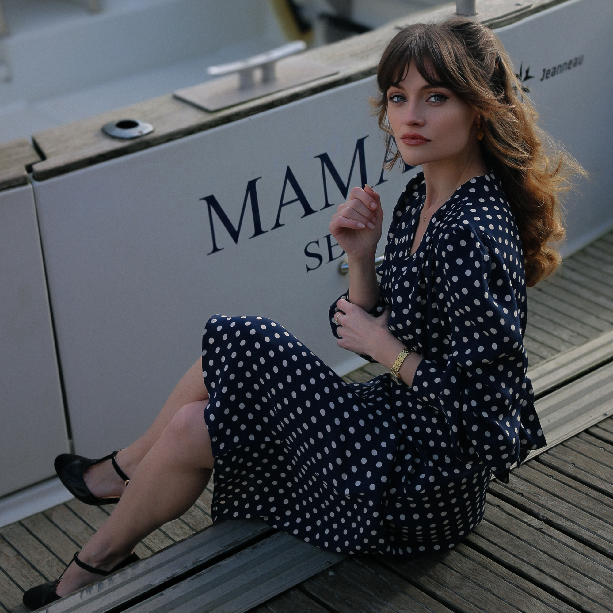 Ava Dress in Navy Polka