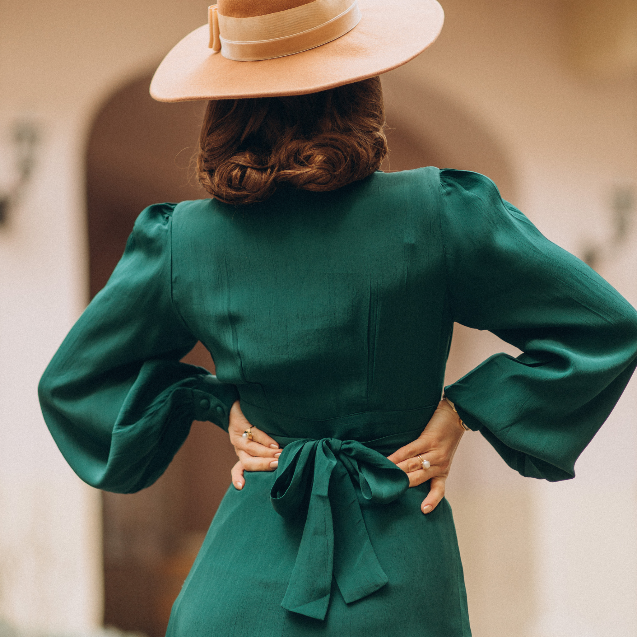 Ava Dress in Hampton Green | Vintage 1940s Style Long Sleeve Dress