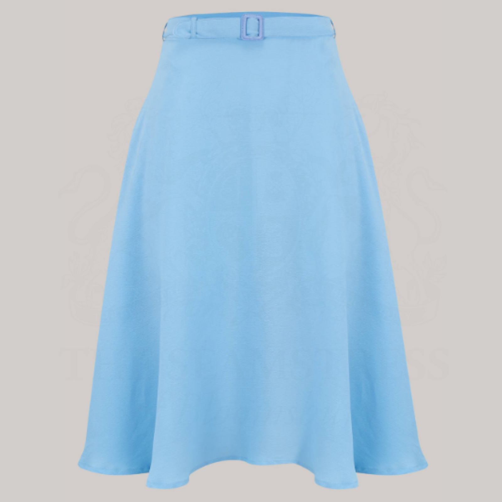 A 1940s-style swing dancing skirt in pale blue. The skirt comes with a self-coloured waist belt. 
