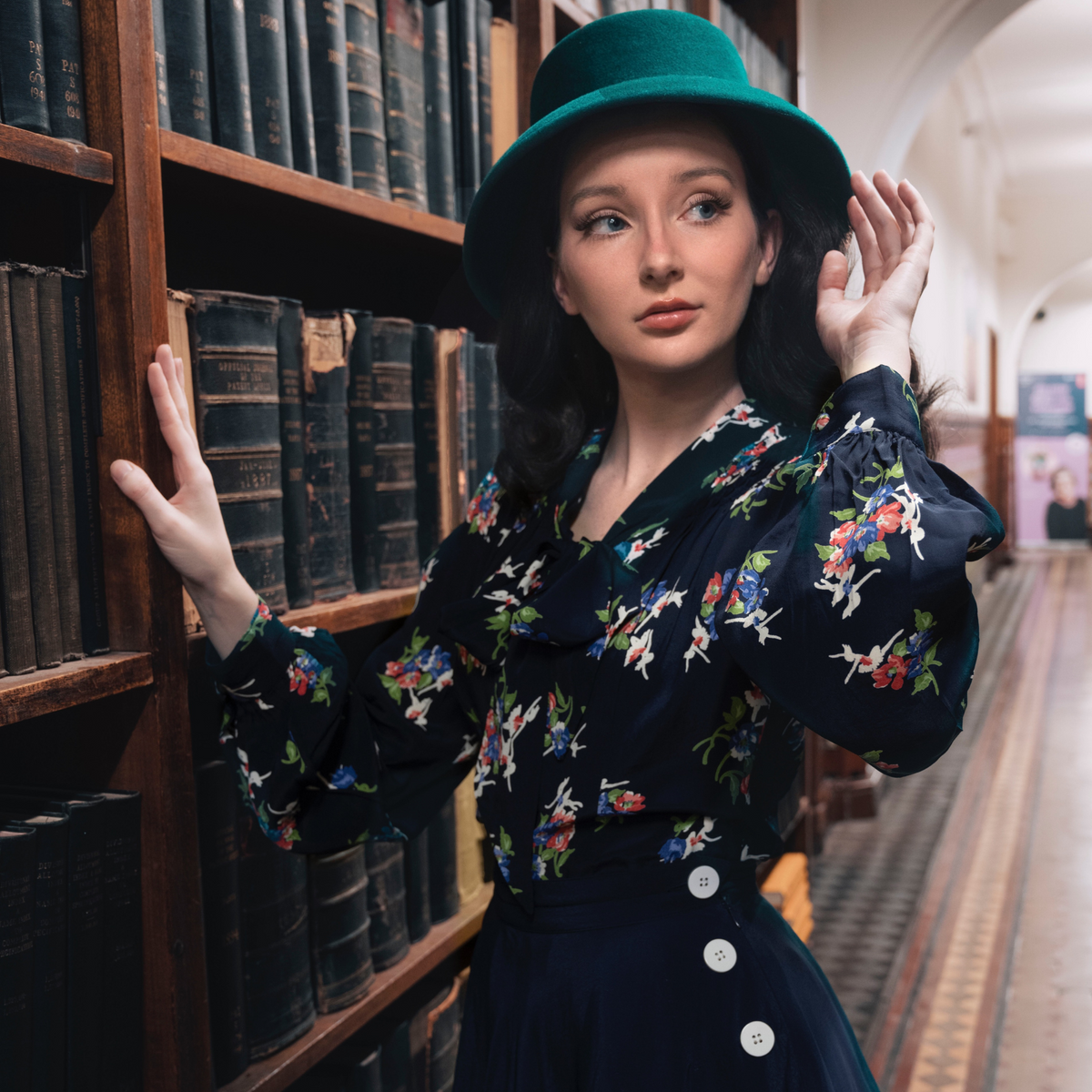 Eva Pussy Bow Blouse in Navy Floral Dancer