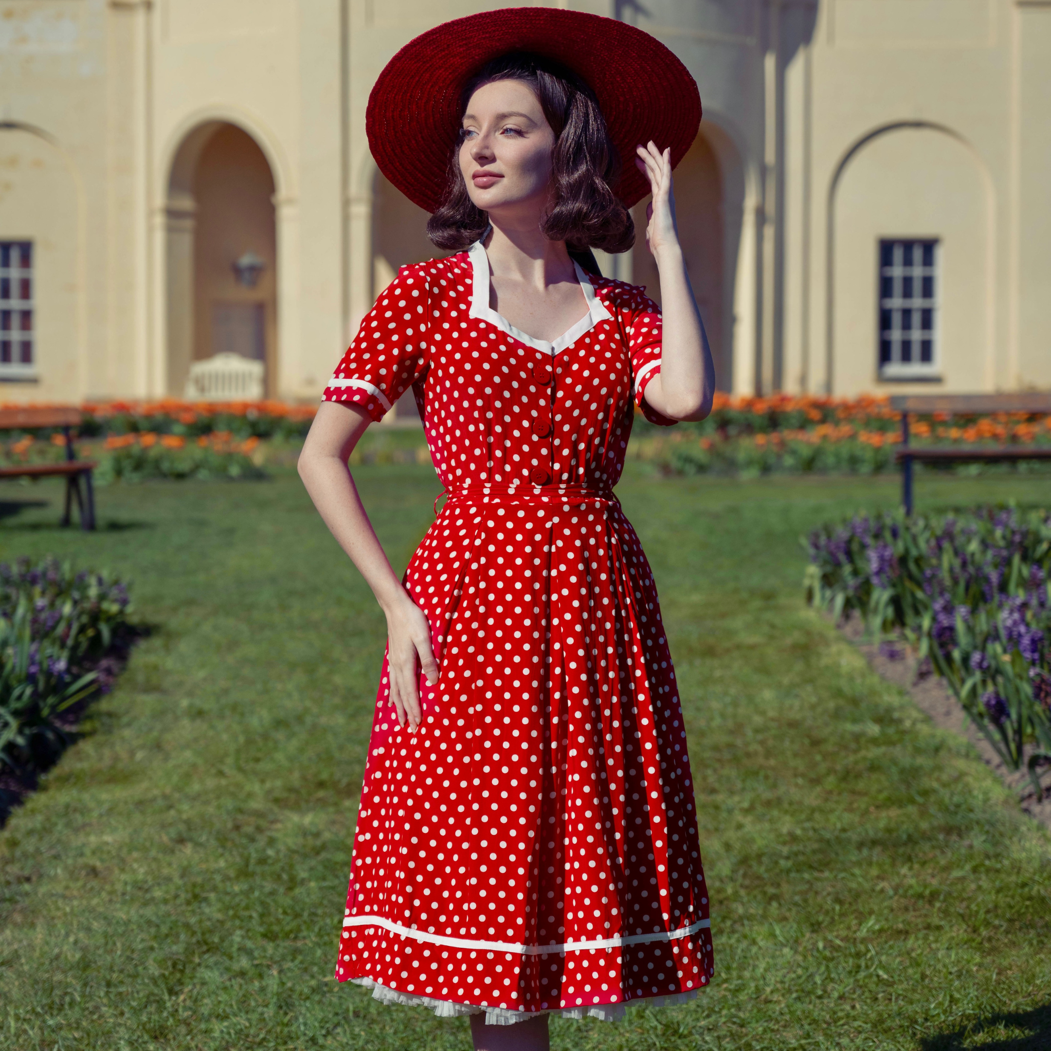 Red 1940s Tea Dresses Uk 1940s Look Red Ditsy Floral Tea Dress - Main Image