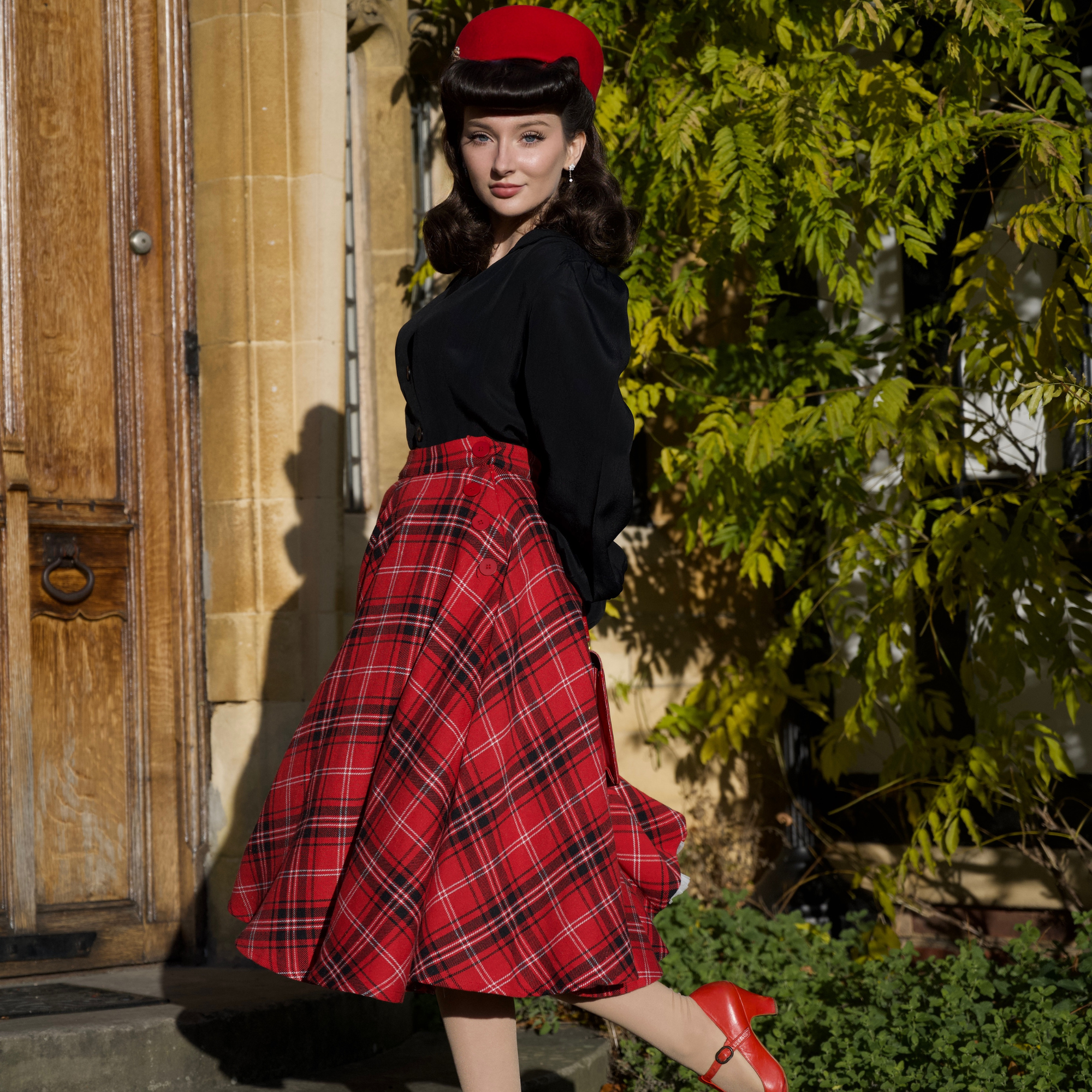 Isabelle Skirt in Cotton Red Black Check