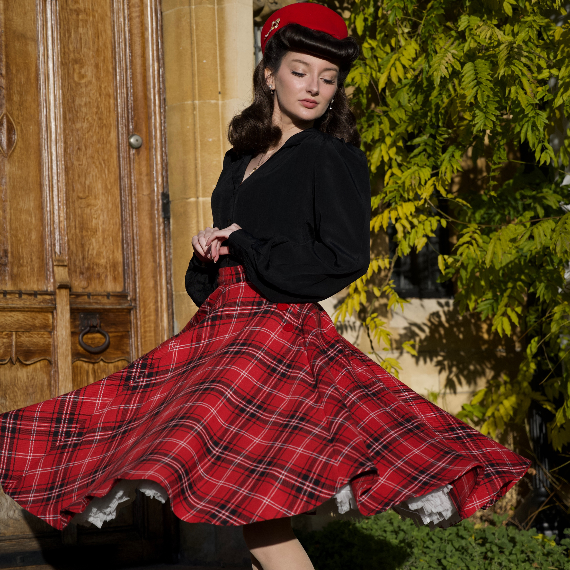 Isabelle Skirt in Cotton Red Black Check
