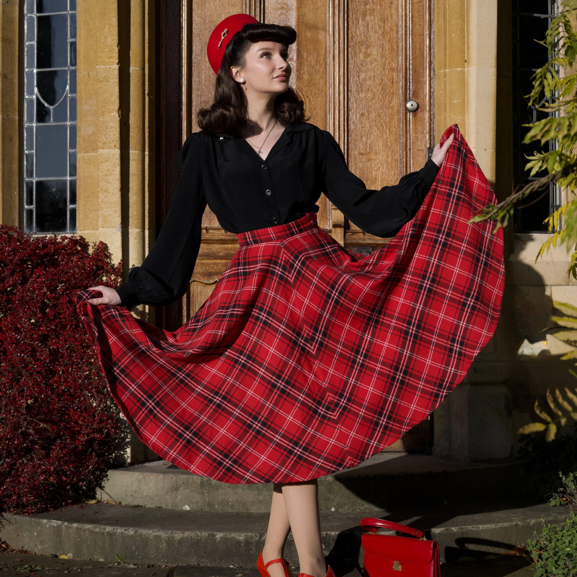 Isabelle Skirt in Cotton Red Black Check