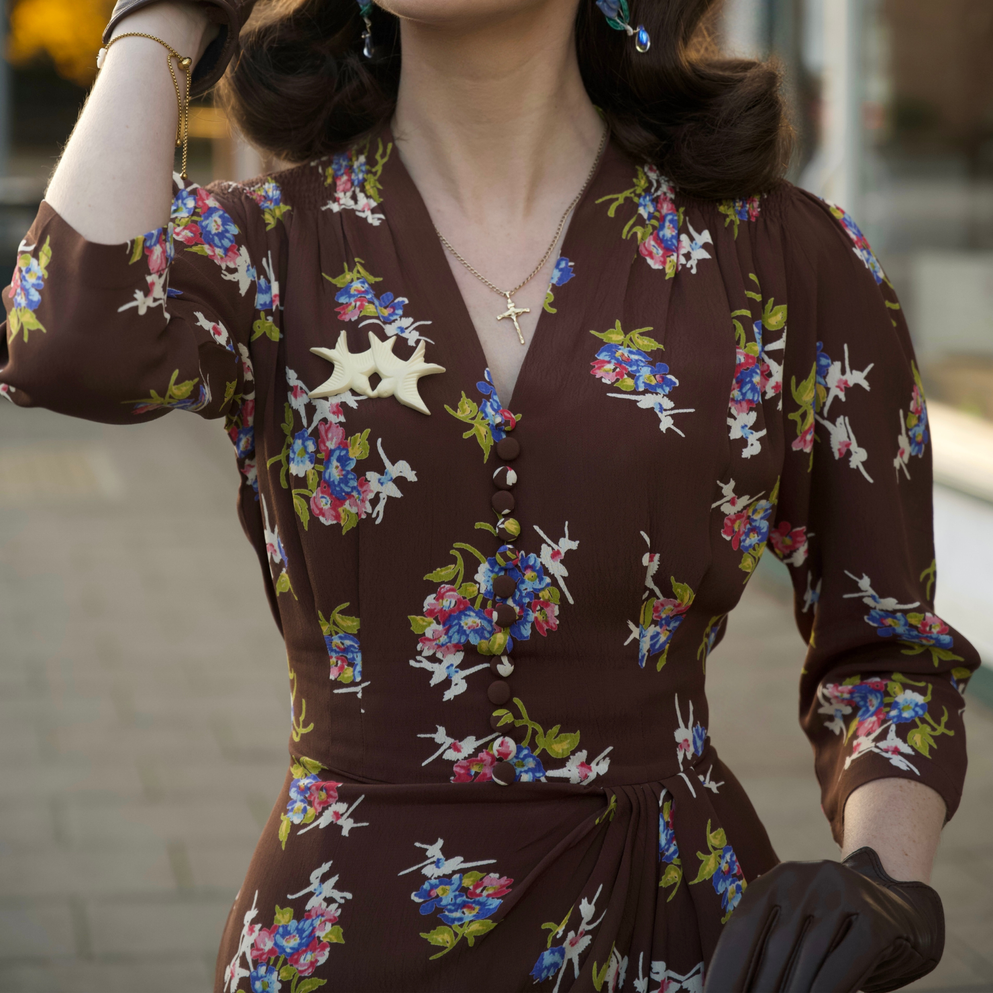 Mabel 3/4 Waterfall Dress in Brown Floral Dancer