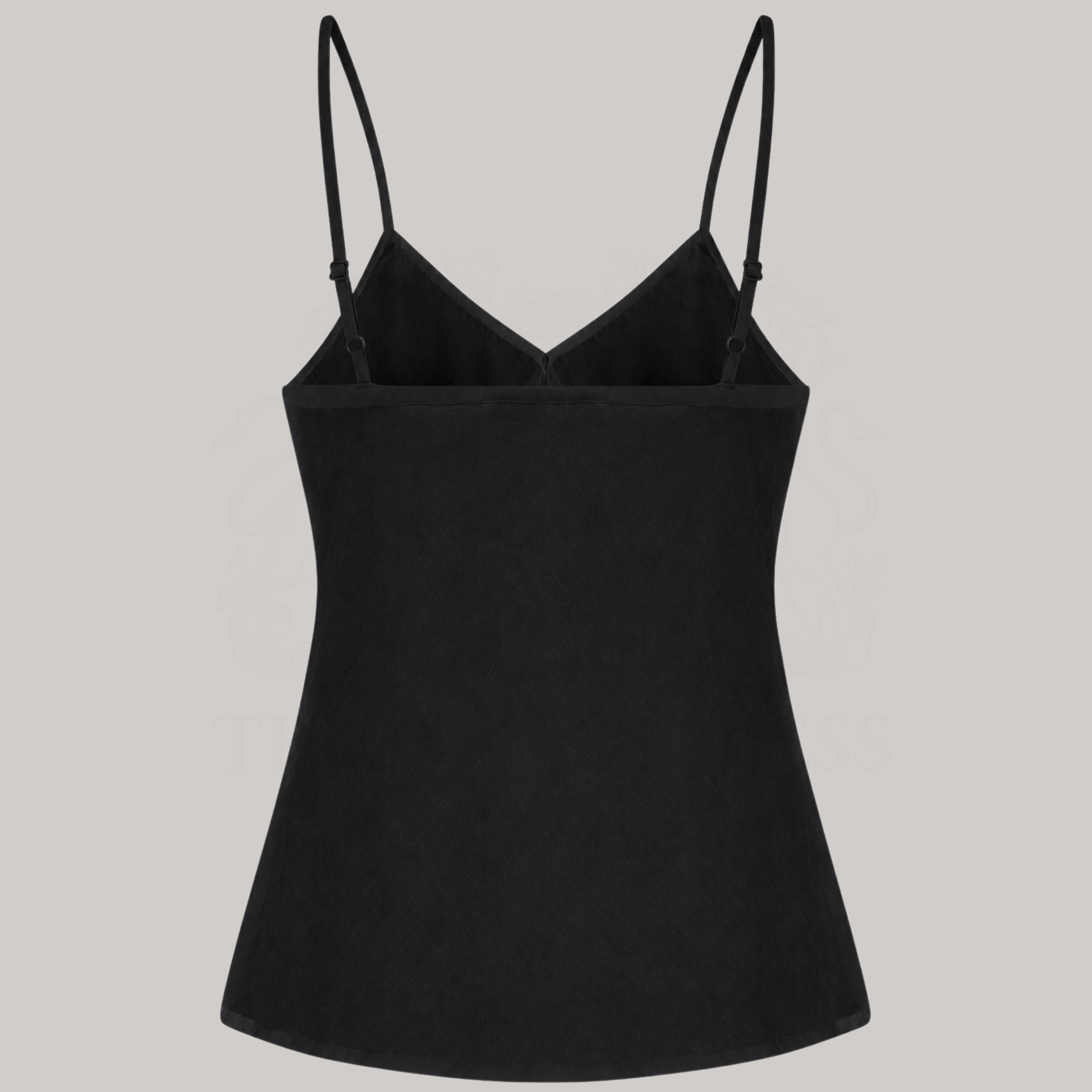 A black spaghetti-strap camisole top with a V-neckline, shown against a solid light gray background.