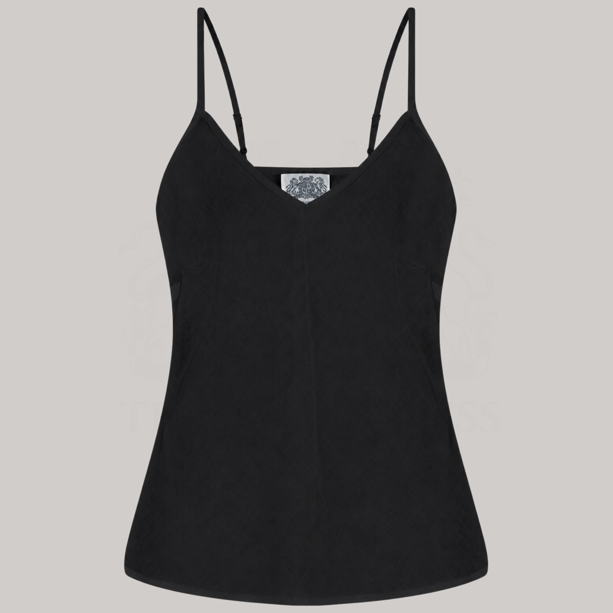 A black spaghetti-strap camisole tank top with a V-neckline, shown flat against a light gray background.