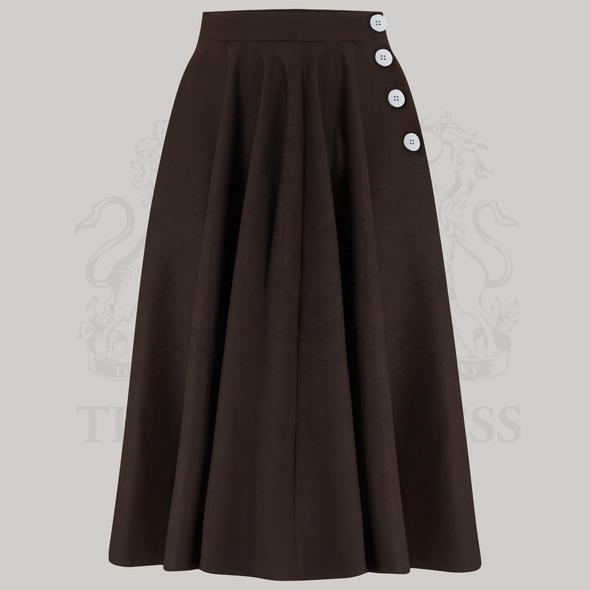 A brown swing dance skirt with four white decorative buttons on a grey background