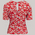 A 1940s-style short-sleeved red floral blouse. Featuring a side tie-neck collar and button fastenings down the back of the blouse.