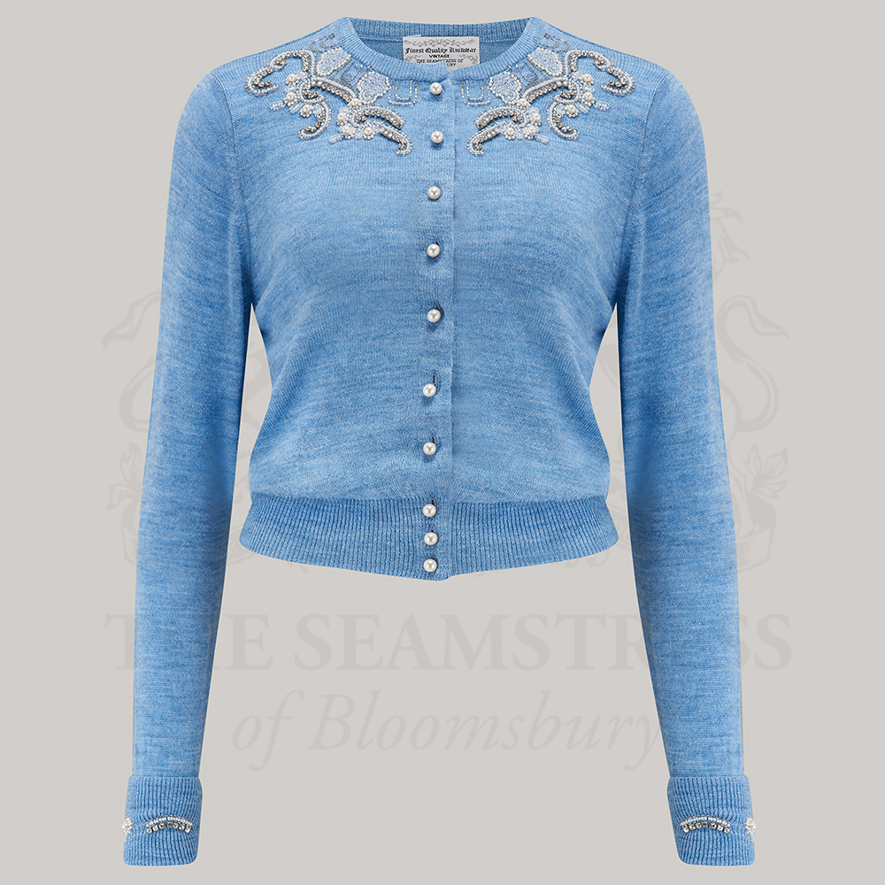 Hand Beaded Cardigan Blue Marl Classic 1940s Style Cardigan The Seamstress of Bloomsbury