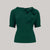 A 1940s style short sleeve dark green blouse. Featuring a side tie-neck collar and button fastenings down the back of the blouse.