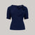 A 1940s style short sleeve navy blue blouse. Featuring a side tie-neck collar and button fastenings down the back of the blouse.