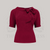 A 1940s style short sleeve burgundy blouse. Featuring a side tie-neck collar and button fastenings down the back of the blouse.