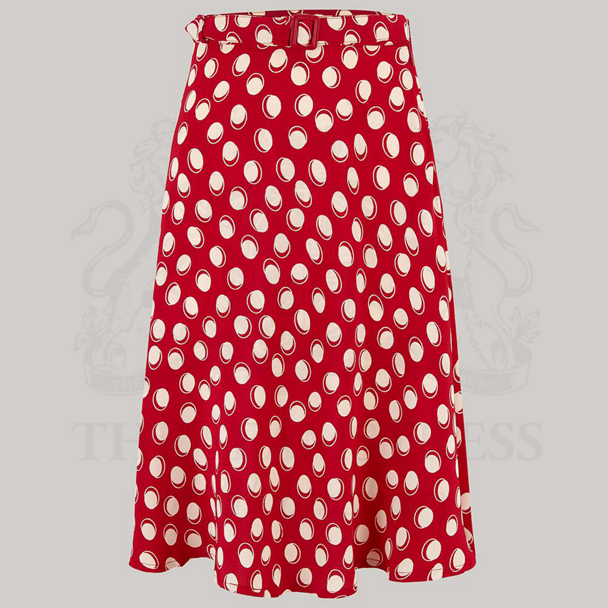 A 1940s-style swing dancing skirt in red with large polka dots. The skirt comes with a self-coloured waist belt. 
