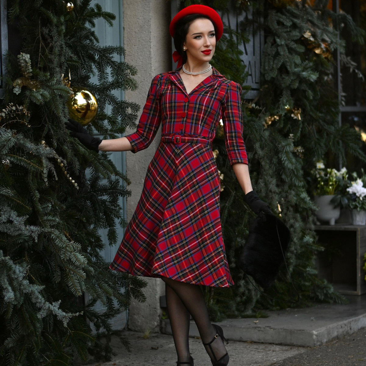 Lisa 3/4 Length Sleeve Dress in Red Plaid Tartan