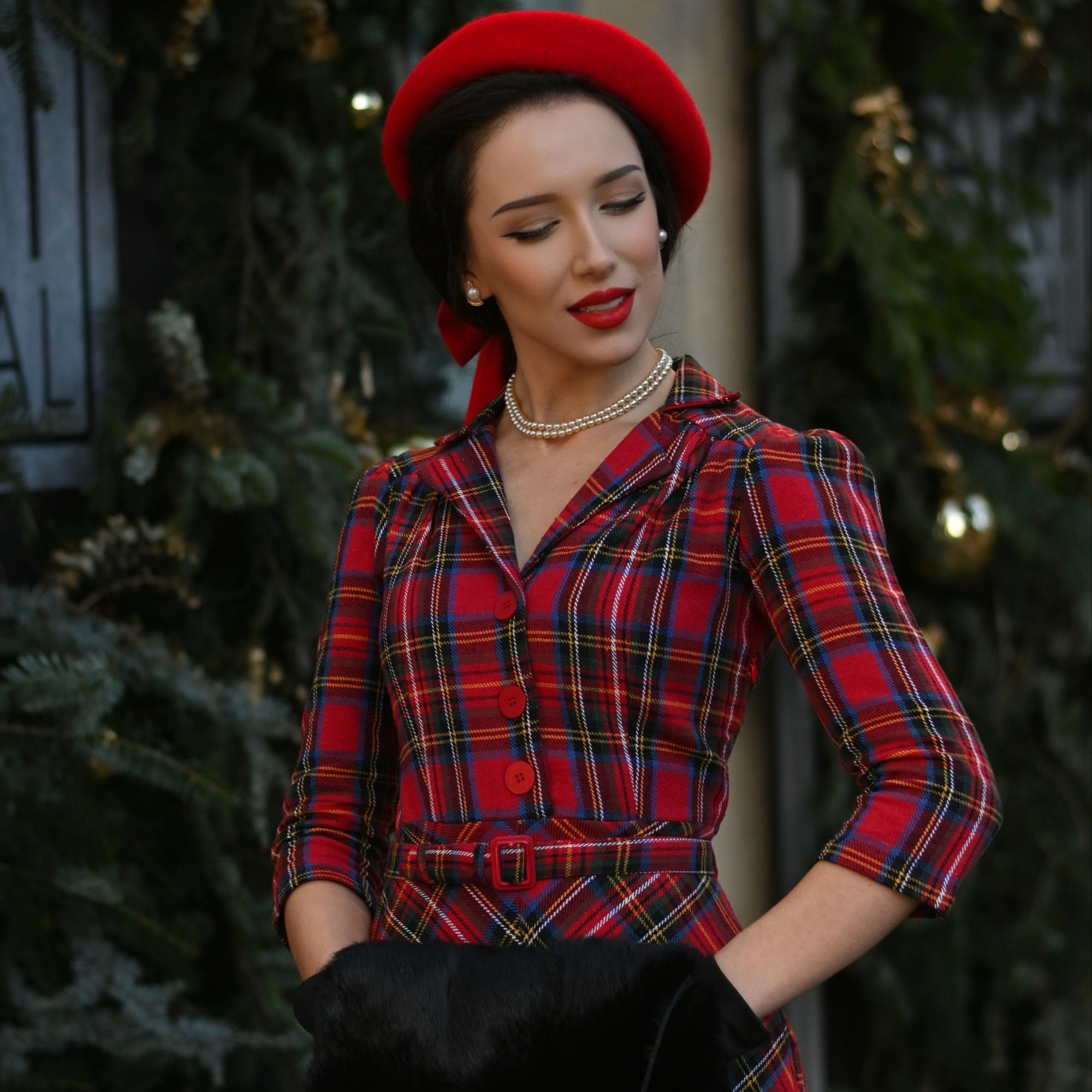 Lisa 3/4 Length Sleeve Dress in Red Plaid Tartan