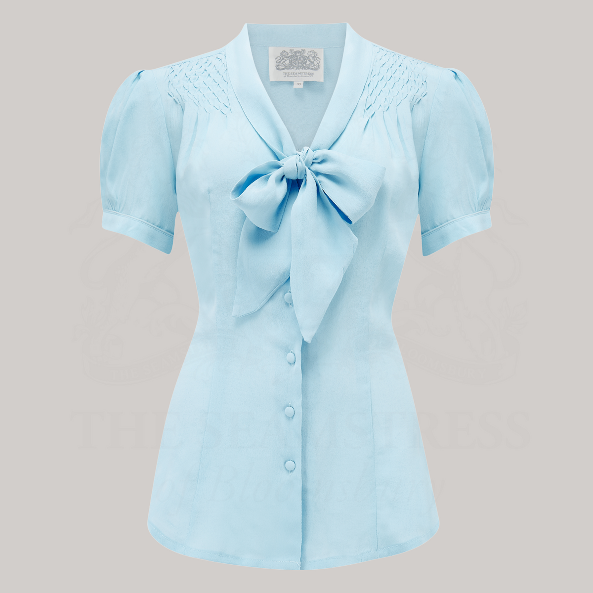 Eva Pussy Bow Blouse Short Sleeve in Powder Blue