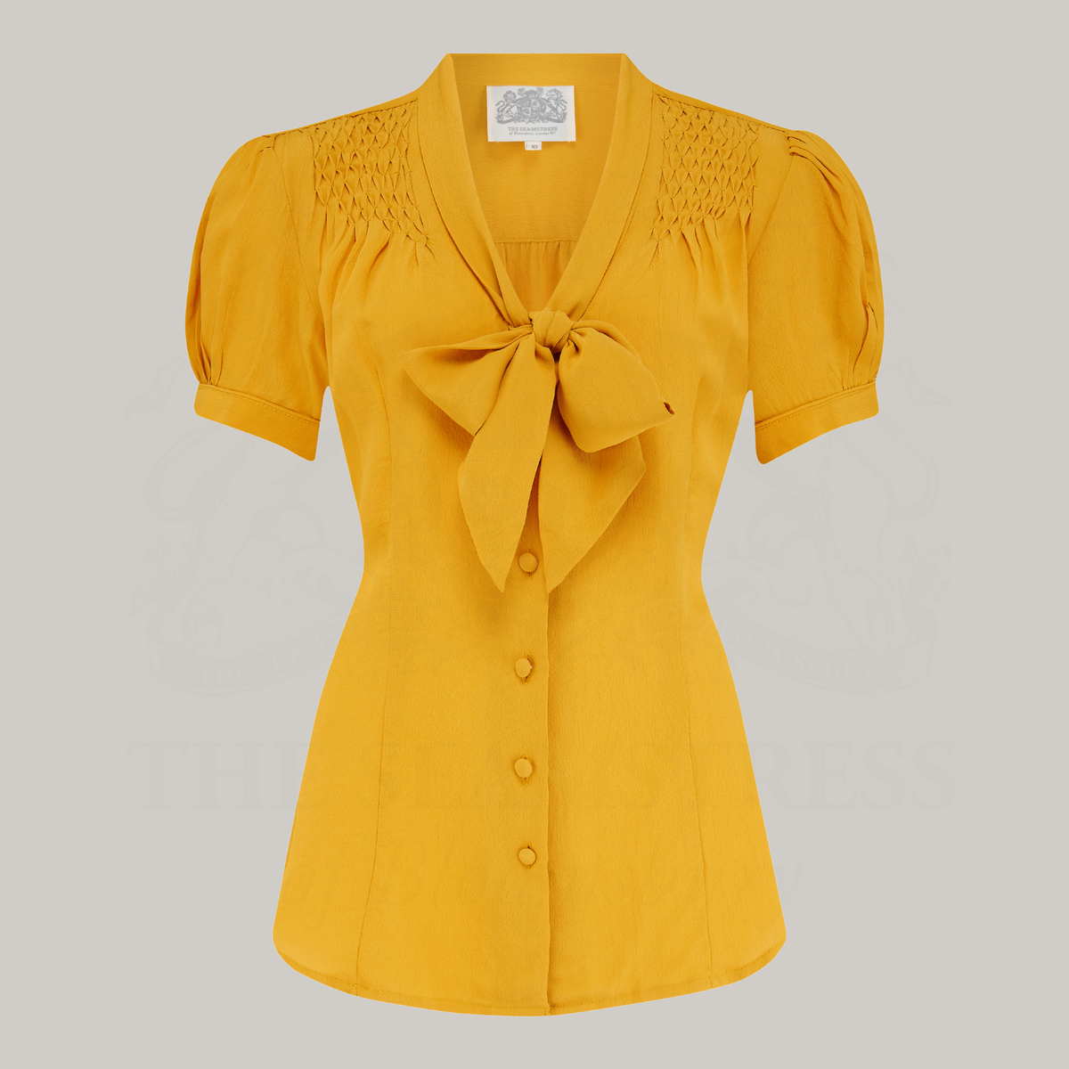 Eva Pussy Bow Blouse Short Sleeve in Mustard