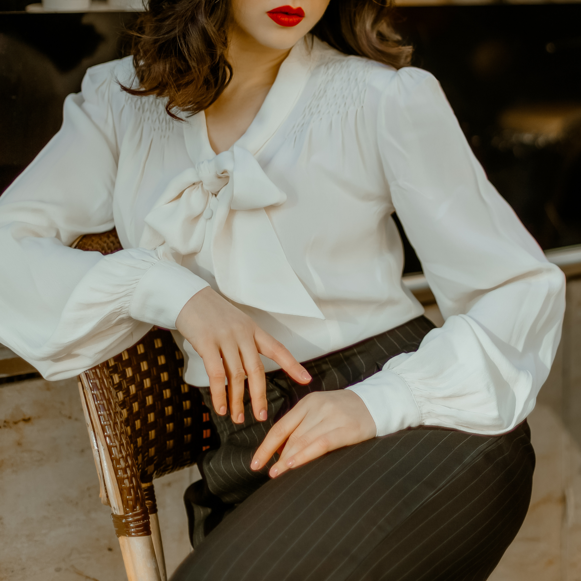 Eva Pussy Bow Blouse in Cream