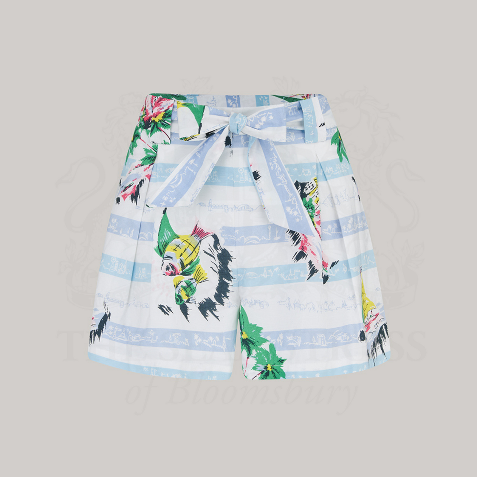 1940s-style paper bag waist shorts, with a tie-waist belt. These shorts feature a nautical cream and blue pattern, made in cotton.