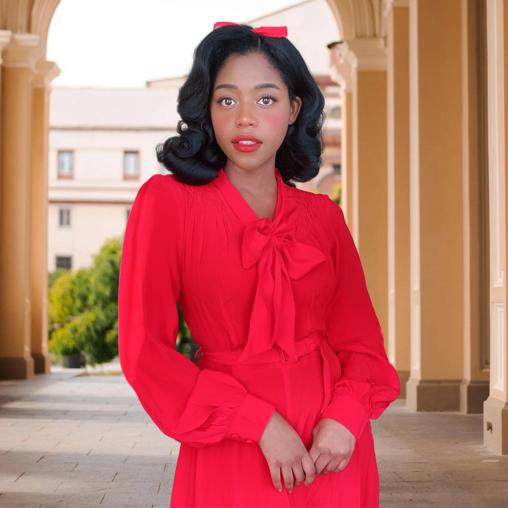 Eva Pussy Bow Dress in Poppy Print