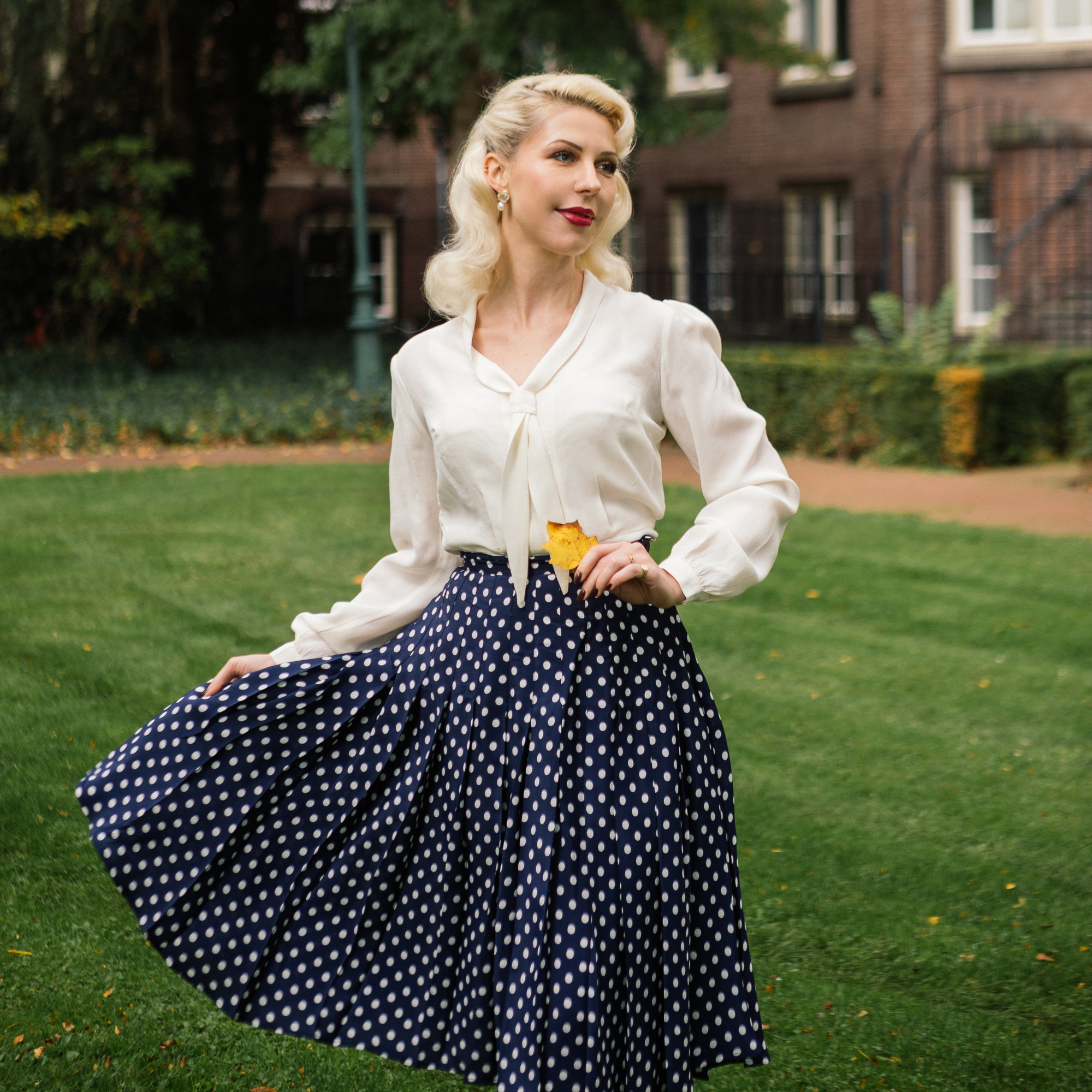 Lucille Pleated Skirt in Navy Polka