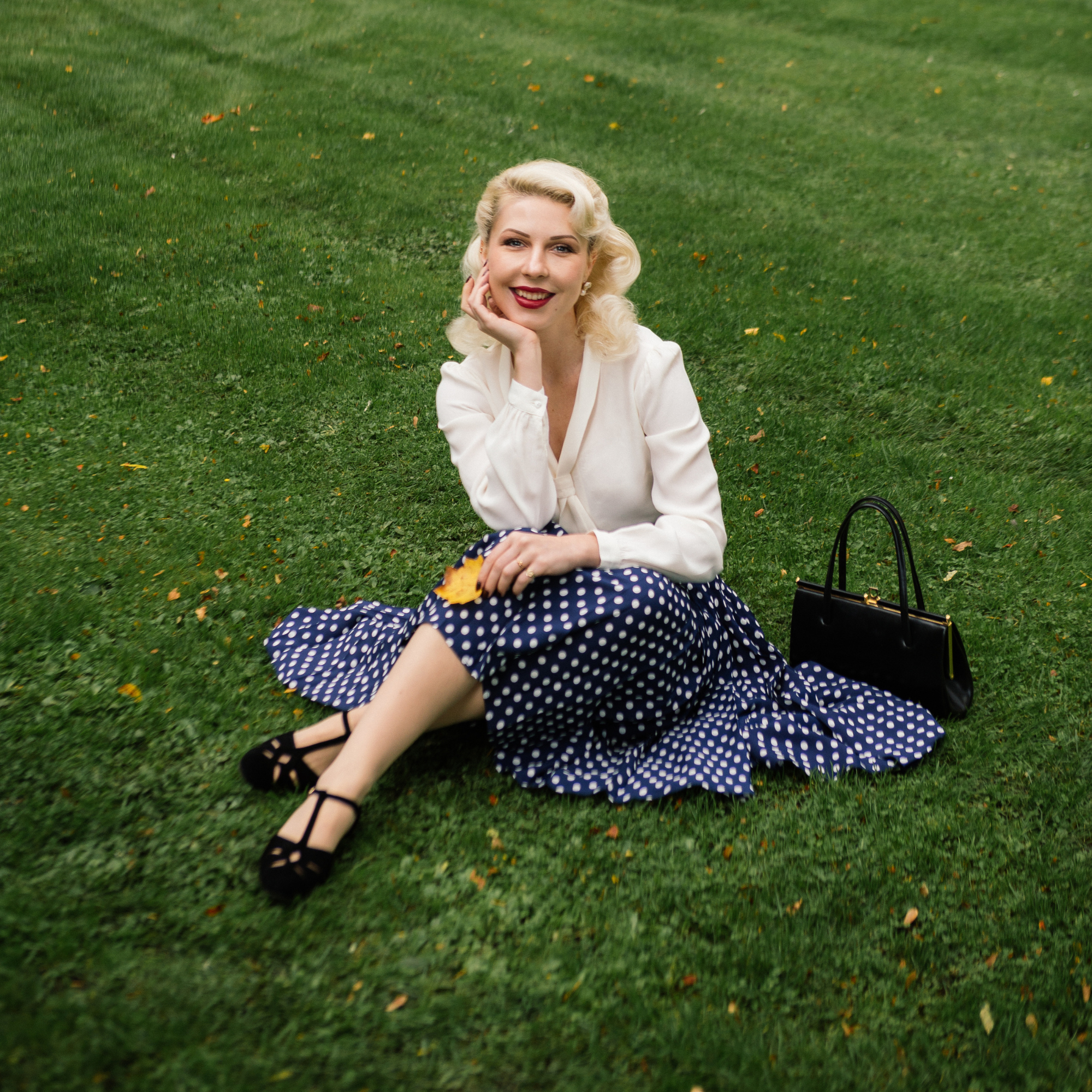 Lucille Pleated Skirt in Navy Polka