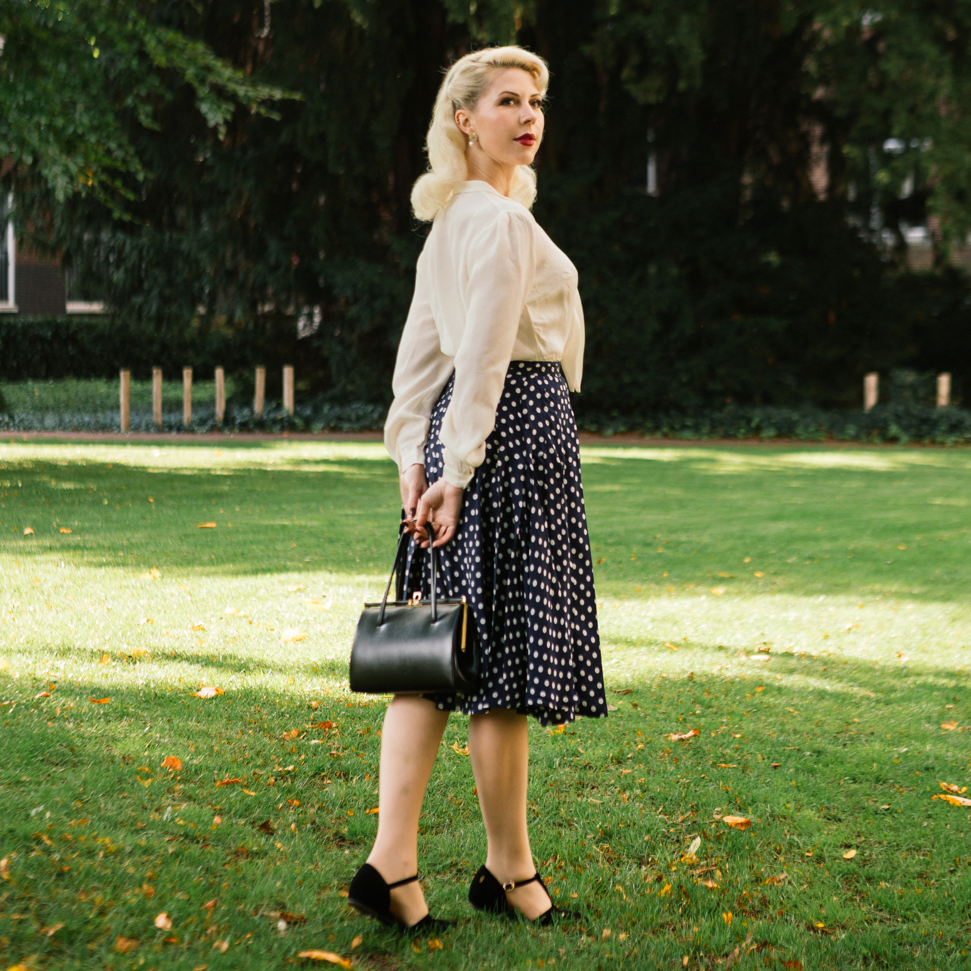 Lucille Pleated Skirt in Navy Polka